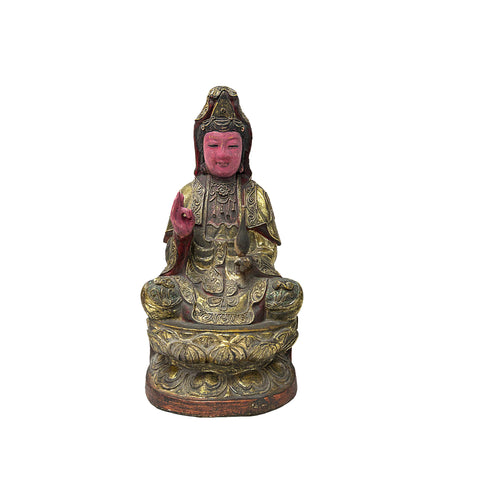 Vintage Chinese Pink Face Holy Bottle Lotus Base Wood Kwan Yin Bodhisattva Statue GB729S
