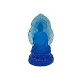 Blue Crystal Glass Sitting Buddha Lotus Base Mandorla Halo Back Statue GB746S