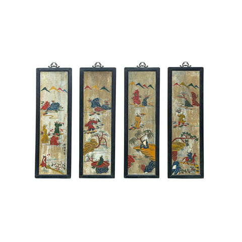Vintage Porcelain Color Eight Immortal 4 Pieces Framed Wall Plaque Panel Set GB747S