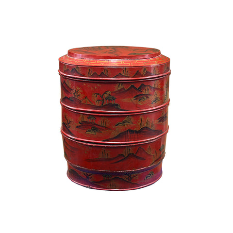 Vintage Chinese Red Golden Scenery Graphic Round Wood Stack Basket Table GB748S