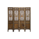 Vintage Finish Openwork Figural 4 Panels Wood Floor Screen Room Divider GB764S