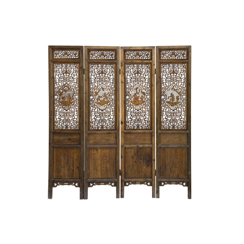 Vintage Finish Openwork Figural 4 Panels Wood Floor Screen Room Divider GB764S