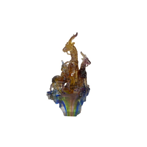 Golden Orange 3 Rams Crystal Glass Fengshui Display Art Figure GB768S