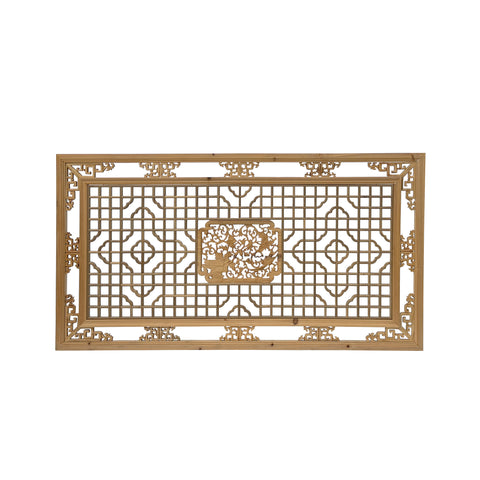 58" Chinese Rectangular Flower Birds Geometric Wood Wall Panel GB769S
