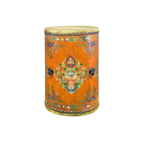 Distressed Light Orange Tibetan Style Jewel Symbol Round Drum Table GB770S