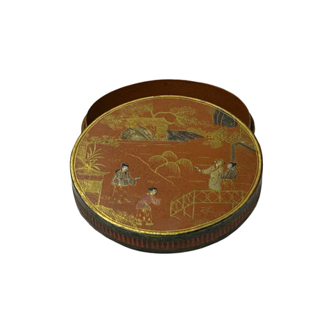 Vintage Handmade Round Brown Golden Scenery Artistic Wood Box GB773S