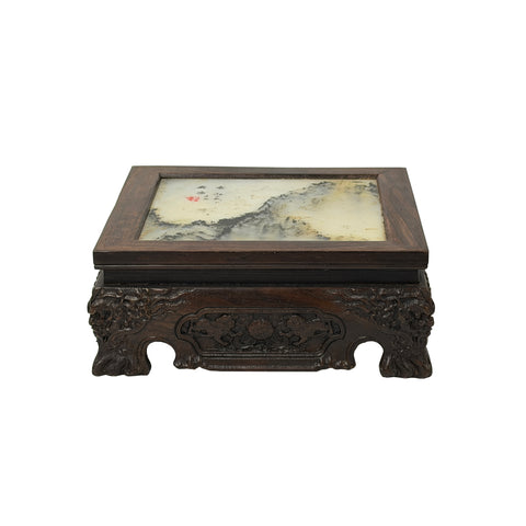 Square Dream Stone Inlaid Rosewood Foo Dog Lions Motif Display Stand GB774S
