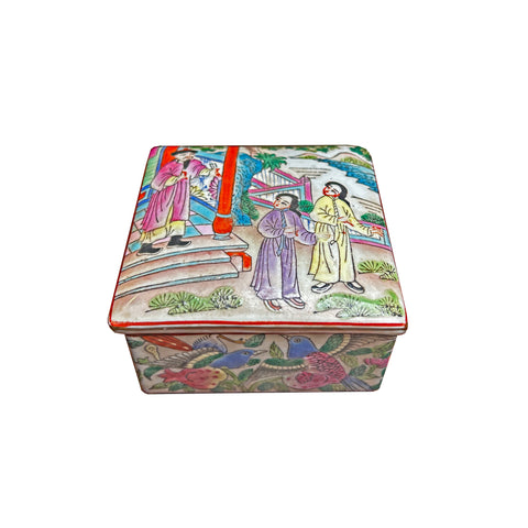 Vintage Chinese Enamel Color Handpainted Scenery Square Trinket Box GB784S