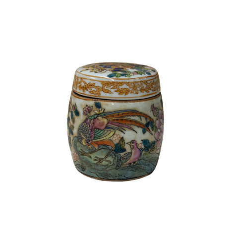Vintage Chinese Enamel Color Flower Bird Graphic Round Porcelain Box Jar GB786S