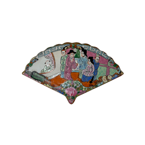 Vintage Enamel Color Figural Scenery Fan Shape Porcelain Trinket Box GB791S