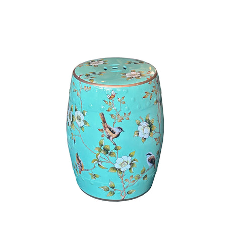 Turquoise Blue Porcelain Flower Birds Round Barrel Stool Table GB793S