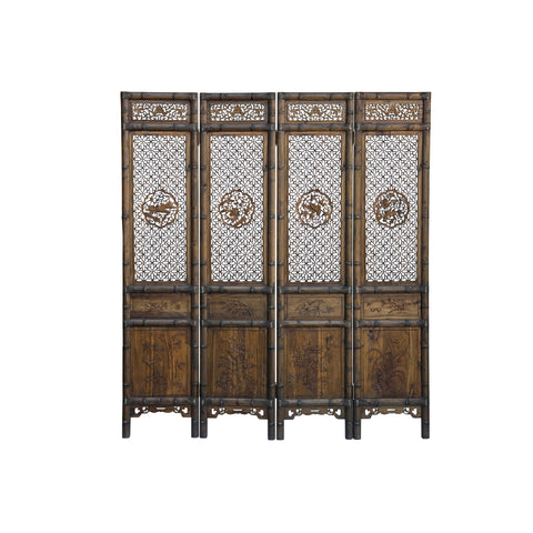 Vintage Finish Openwork Floral 4 Panels Wood Floor Screen Room Divider GB798S