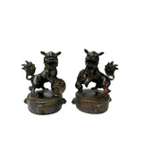 Pair Vintage Rustic Metal Fengshui Foo Dog Lion Drum Base Art Figures GB799S