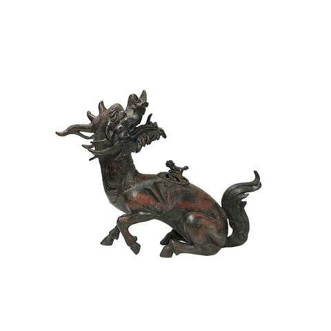 Vintage Rustic Metal Fengshui Kirin Incense Burner Display Art Figures GB801S