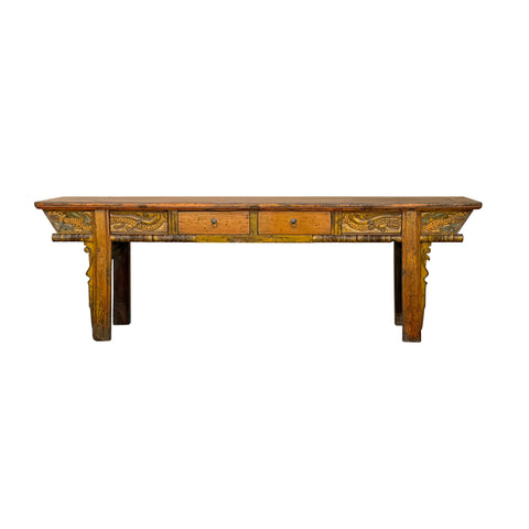 Vintage Chinese Orange Yellow Long Dragon Carving Console Table GB804S