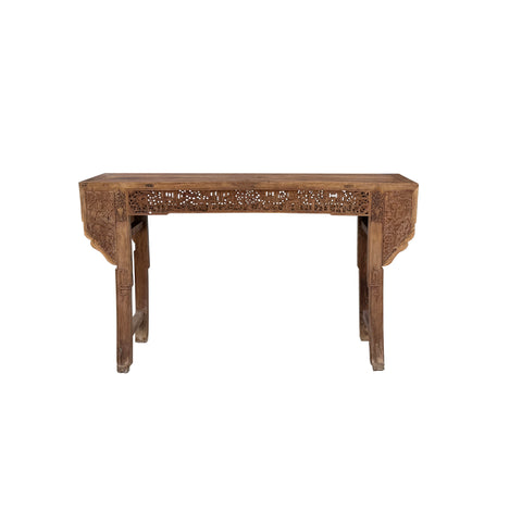 Vintage Relief Carving Natural Light Brown Wood Grain Color Altar Console Table GB814S