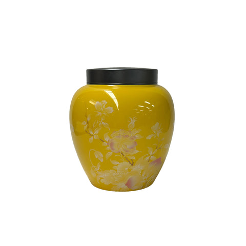 Bright Yellow White Floral Peonies Butterflies Bulbous Porcelain Metal Lid Jar GB816S