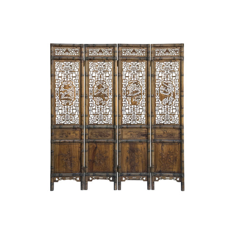 Vintage Finish Openwork Floral 4 Panels Wood Floor Screen Room Divider GB819S