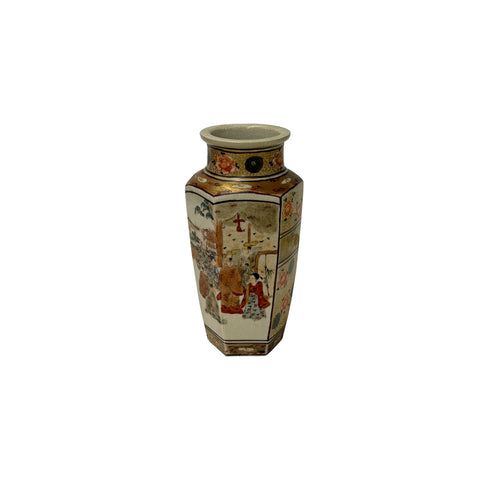 6" Asian Satsuma Style Hexagonal Figures Painted Porcelain Art Vase GB825S