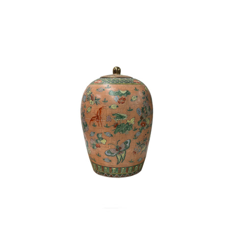 Vintage Oriental Pink Rose Butterflies Floral Graphic Porcelain Jar GB828S