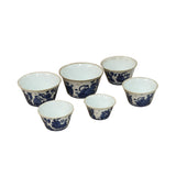 Vintage Set of 6 Small Blue White Figural Graphic Porcelain Bowls GB829S
