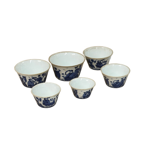 Vintage Set of 6 Small Blue White Figural Graphic Porcelain Bowls GB829S