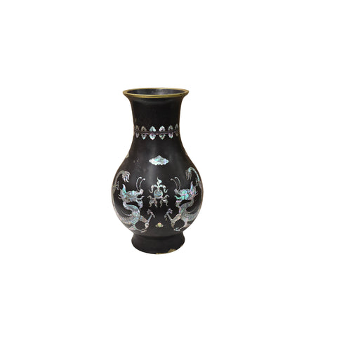 Vintage Metal Black Paint Mother Of Pearl Double Dragon Art Vase GB831S