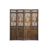 Vintage Finish Openwork Figural 4 Panels Wood Floor Screen Room Divider GB833S