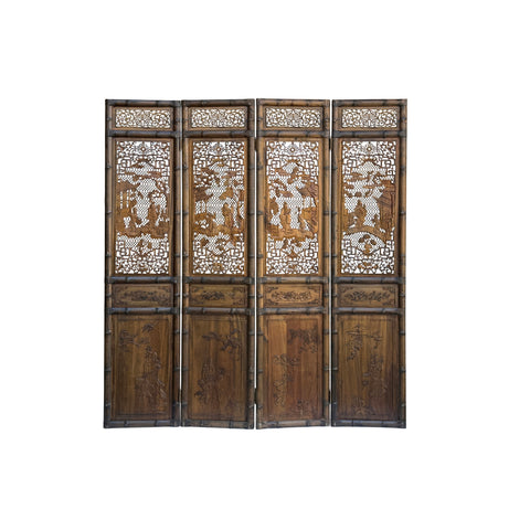 Vintage Finish Openwork Figural 4 Panels Wood Floor Screen Room Divider GB833S