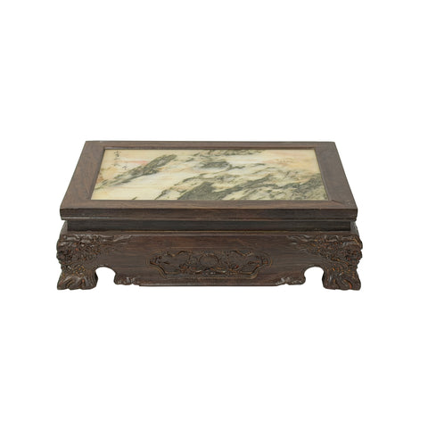Rectangular Dream Stone Inlaid Rosewood Foo Dog Lions Motif Display Stand GB837S