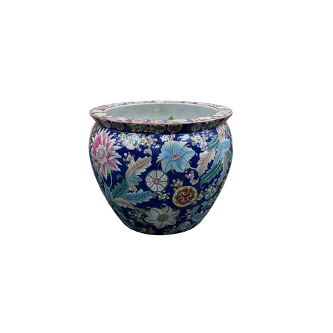 Vintage Cobalt Blue Color Flower Medallion Gold Fish Porcelain Pot GB839S