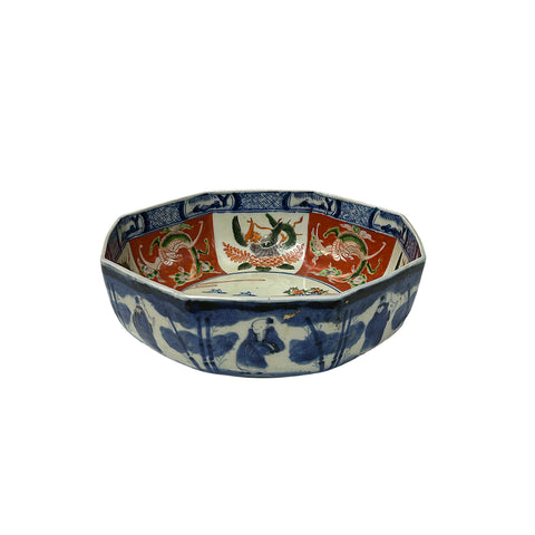 Vintage Oriental Imari Blue Red White Octagonal Porcelain Bowl Art GB840S