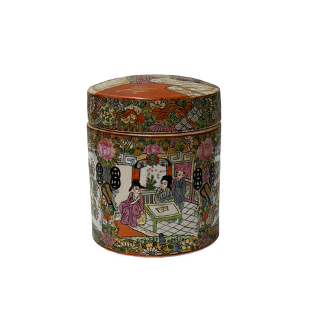 Vintage Chinese Enamel Figural Ground Canton Porcelain Round Container Jar GB841S