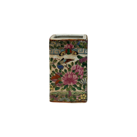 Vintage Chinese Square Floral Bird Figural Graphic Porcelain Holder GB842S