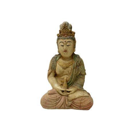 9" Chinese Meditation Cross Legs Bottle Sitting Bodhisattva Wood Statue GB843S