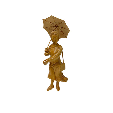 Light Tan Wood Crafted Lady Holding Umbrella Art Figure GB845S