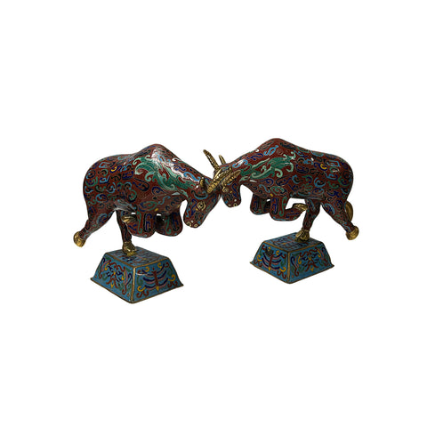 Pair Vintage Chinese Cloisonne Enamel Crimson Red Dynamic Bull Figures GB852S