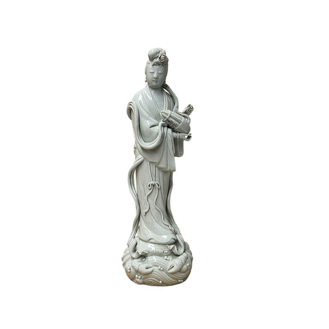Vintage Off White Porcelain Standing Bodhisattva GuanYin Music Vessel Statue GB860S