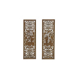 Pair Vintage Oriental Brown Figural Motif Rectangular Wood Panels GB861S