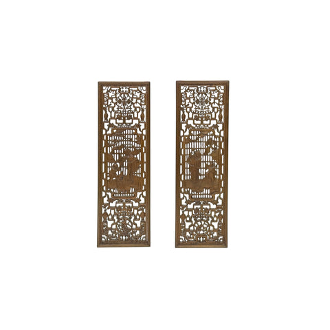 Pair Vintage Oriental Brown Figural Motif Rectangular Wood Panels GB861S