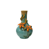 Turquoise Teal Bulbous Round Body Orange Dimensional Lily Flower Art Vase GB863S