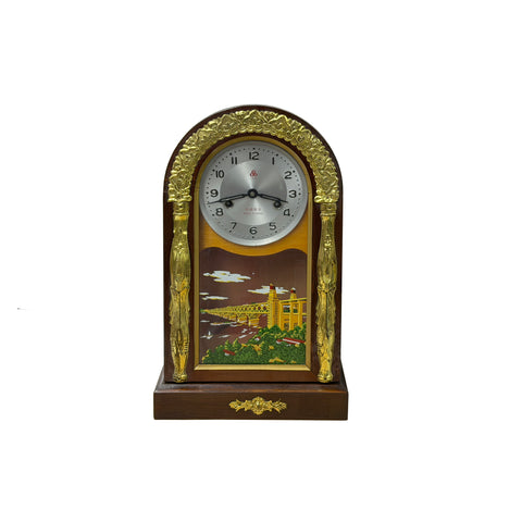 Oriental Vintage Arch Top Wooden Mantel Color Scenery Graphic Display Clock GB866S