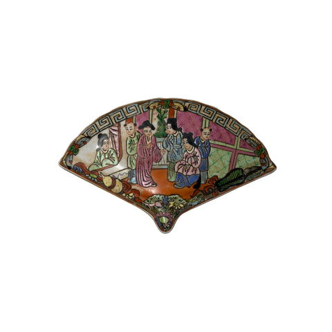 Vintage Enamel Color Figural Scenery Fan Shape Porcelain Trinket Box GB870S