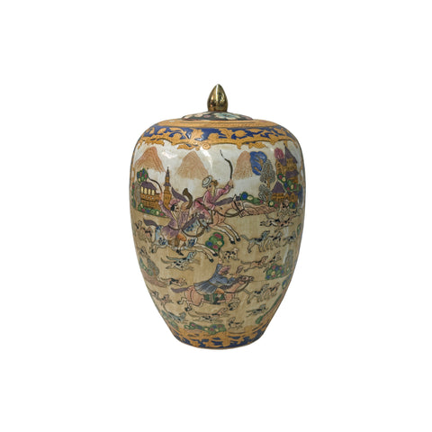Vintage Style Beige Blue Hunting Scene Graphic Porcelain Art Jar GB871S