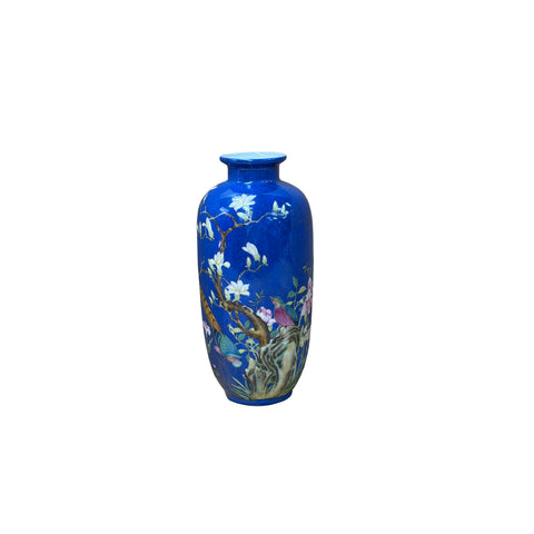 8" Vintage Bright Cobalt Blue Flower Bird Enamel Porcelain Art Vase GB876S