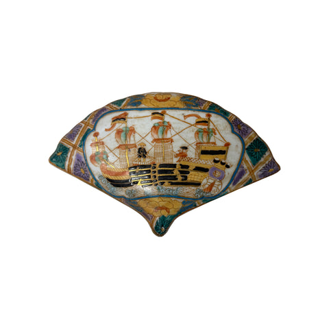 Vintage Western Sailing Ship Graphic Fan Shape Porcelain Trinket Box GB879S