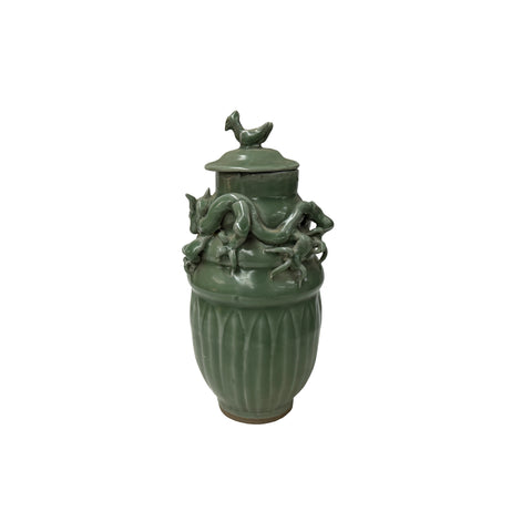 Vintage Oriental Dragon Motif Celadon Glaze Ceramic Art Jar GB881S