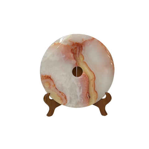 9.75" Natural White Brown Onyx Stone Round Fengshui Home Decor Display GB887S