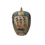 Vintage Polychrome Dutch Sailing Ships Graphic Porcelain Art Jar GB888S