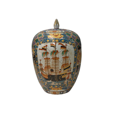 Vintage Polychrome Dutch Sailing Ships Graphic Porcelain Art Jar GB888S